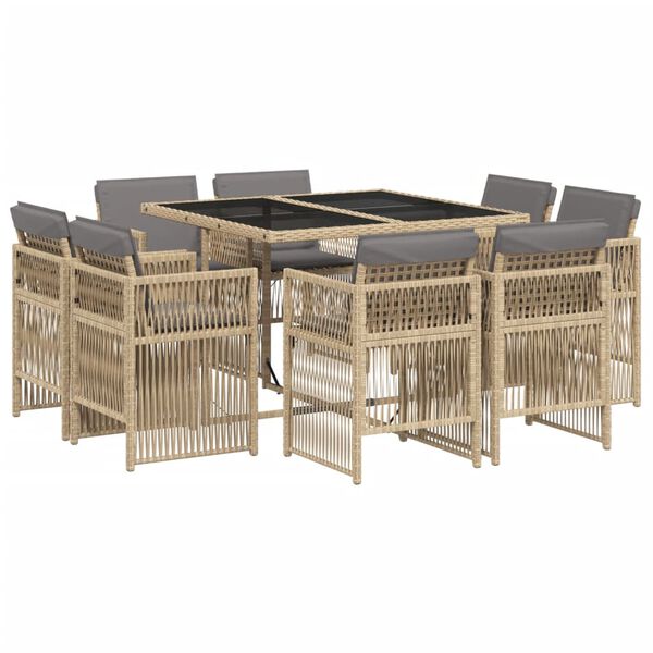 vidaXL 9-tlg. Garten-Essgruppe mit Kissen Beigemischung Poly Rattan