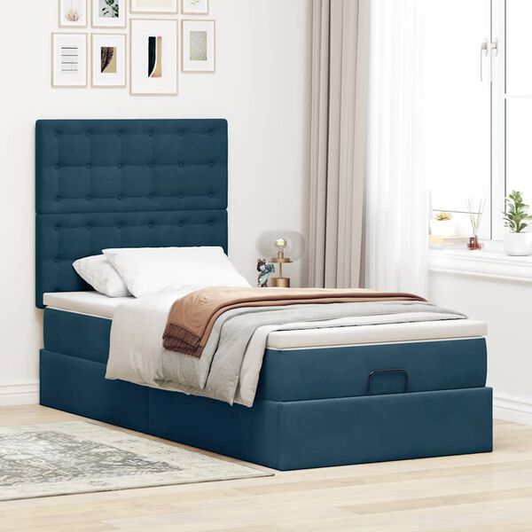 vidaXL Ottoman-Bett mit Matratzen & LEDs Dunkelblau 90x190 cm Samt