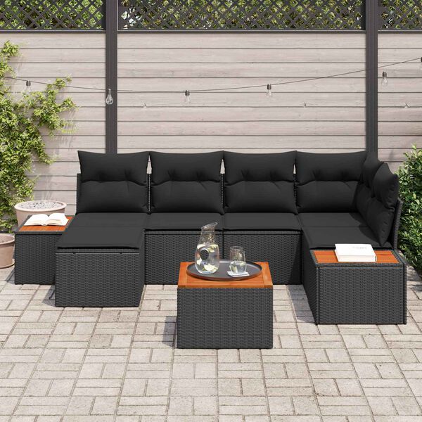 vidaXL Garten-Sofa-Set mit Kissen 7 pcs Schwarz Poly-Rattan