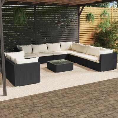 vidaXL 10-tlg. Garten-Lounge-Set mit Kissen Schwarz Poly Rattan