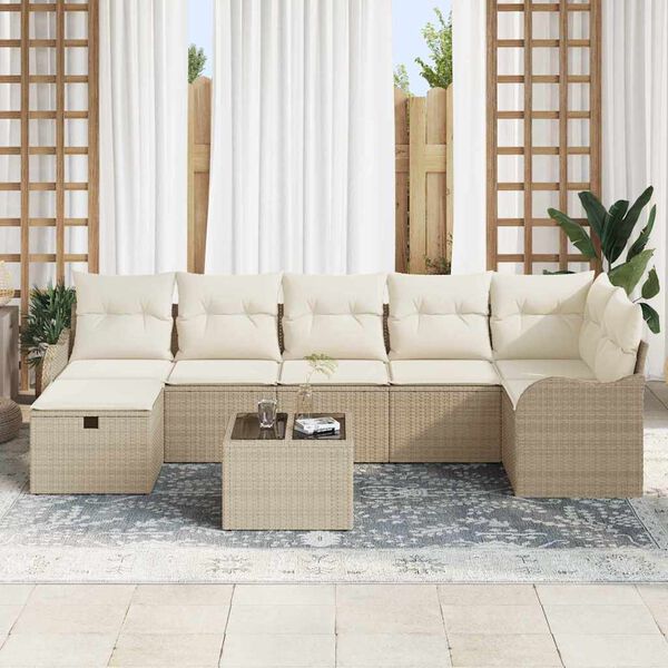vidaXL Garten-Sofa-Set mit Kissen mit Speicher 8 pcs Beige Poly Rattan