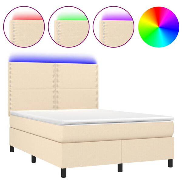 vidaXL Boxspringbett mit Matratze & LED Creme 140x190 cm Stoff
