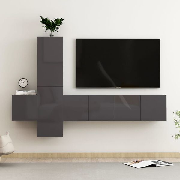 vidaXL 5-tlg. TV-Schrank-Set Hochglanz-Grau Holzwerkstoff