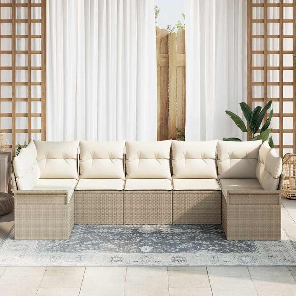 vidaXL Garten-Sofa-Set mit Kissen mit Speicher 7 pcs Beige Poly Rattan