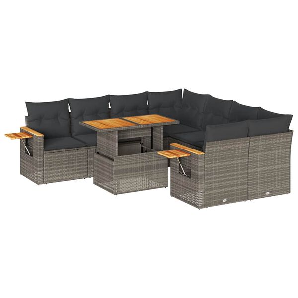 vidaXL 9-tlg. Garten-Sofagarnitur mit Kissen Grau Poly Rattan Akazie