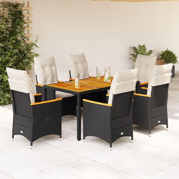 vidaXL 7-tlg. Garten-Essgruppe mit Kissen Schwarz Poly Rattan