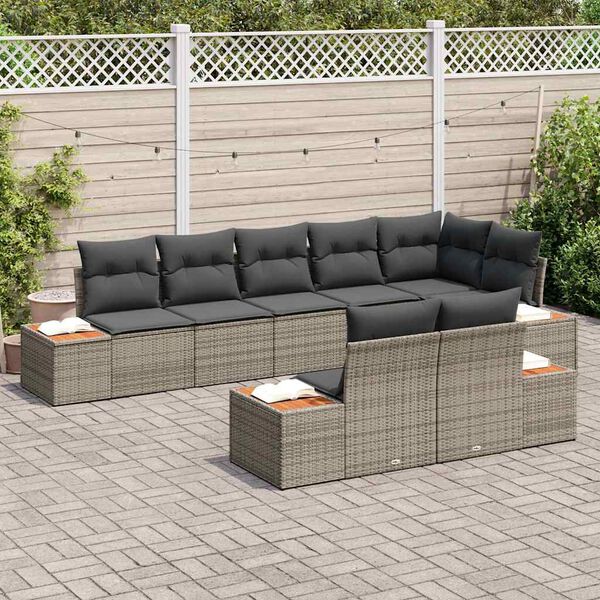 vidaXL Garten-Sofa-Set mit Kissen mit Speicher 8 pcs Grau Poly Rattan
