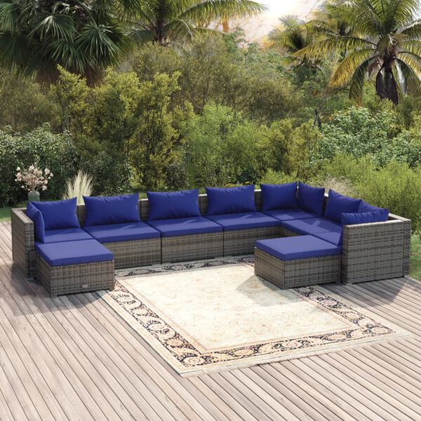 vidaXL 9-tlg. Garten-Lounge-Set mit Kissen Poly Rattan Grau