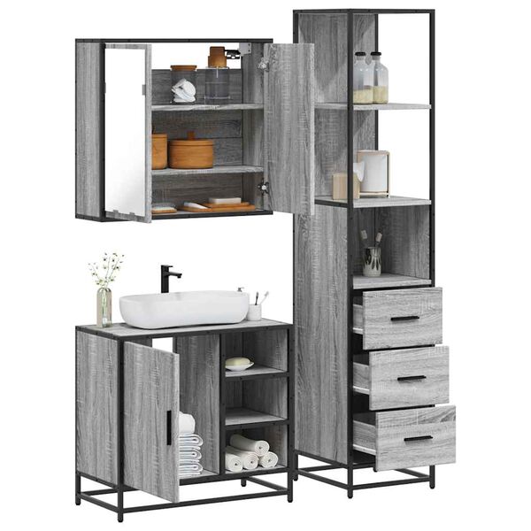 vidaXL 3-tlg. Badm&ouml;bel-Set Grau Sonoma Holzwerkstoff