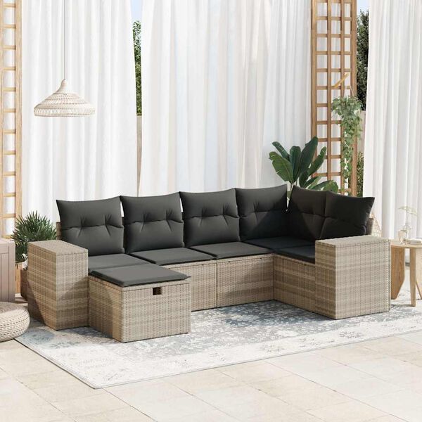 vidaXL 6-tlg. Garten-Sofagarnitur mit Kissen Hellgrau Poly Rattan