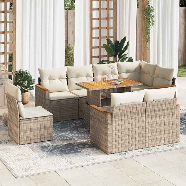vidaXL 9-tlg. Garten-Sofagarnitur mit Kissen Beige Poly Rattan Akazie