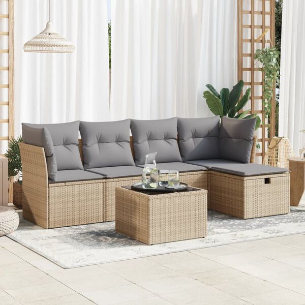 vidaXL 6-tlg. Garten-Sofagarnitur mit Kissen Beige Poly Rattan