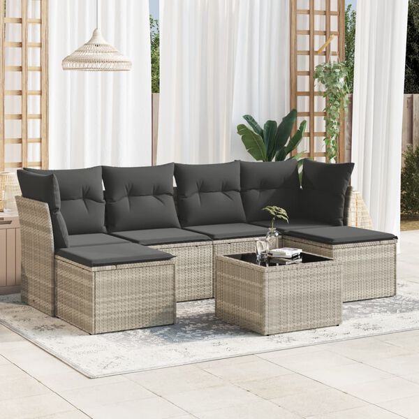 vidaXL 7-tlg. Garten-Sofagarnitur mit Kissen Hellgrau Poly Rattan