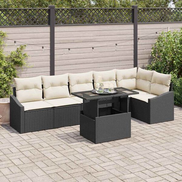 vidaXL Garten-Sofa-Set mit Kissen mit Speicher 7 pcs Schwarz und Creme