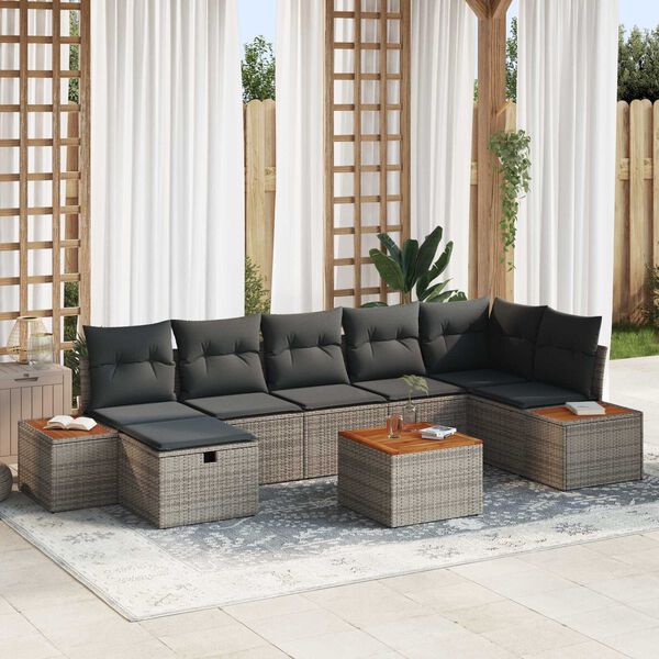 vidaXL Garten-Sofa-Set mit Kissen mit Speicher 8 pcs Grau Poly-Rattan
