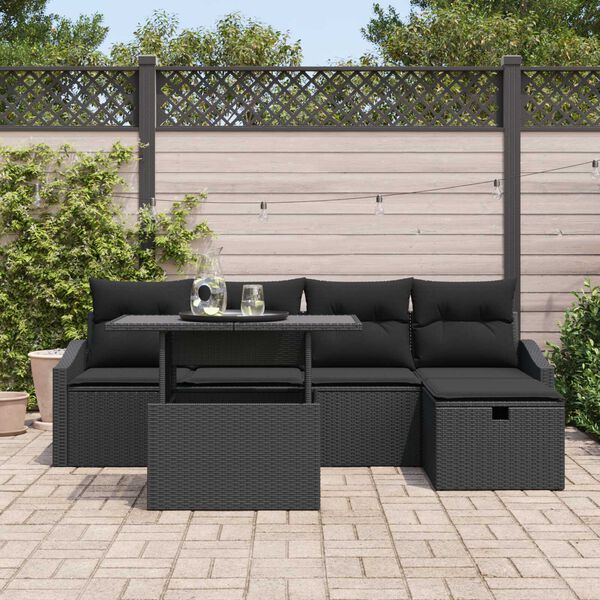 vidaXL Garten-Sofa-Set mit Kissen 6 pcs Schwarz Poly Rattan