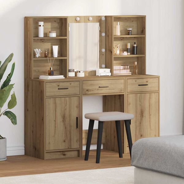 vidaXL Schminktischset mit LED 3 pcs Artisan-Eiche Holzwerkstoff
