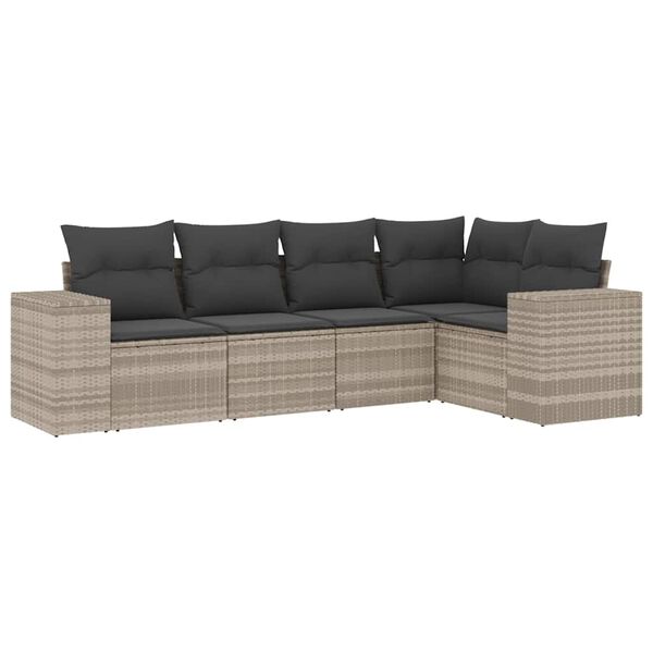 vidaXL 5-tlg. Garten-Sofagarnitur mit Kissen Hellgrau Poly Rattan