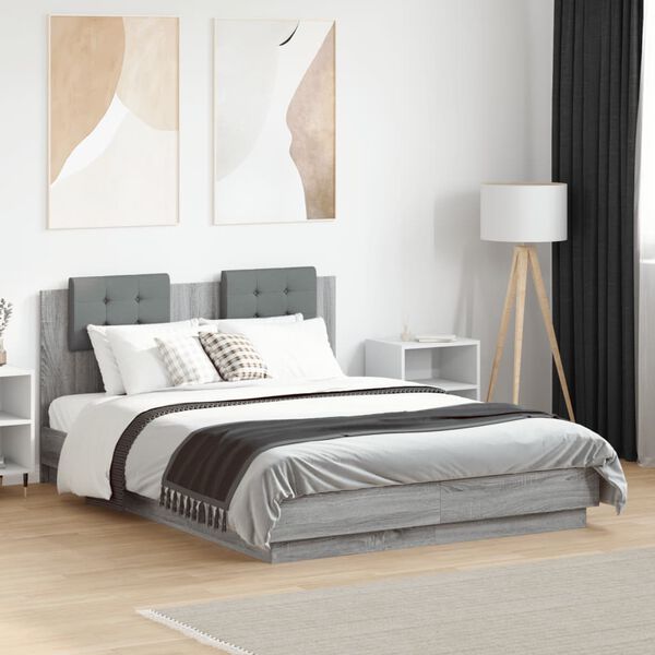 vidaXL Bettgestell mit Kopfteil Grau Sonoma 135x190 cm Holzwerkstoff