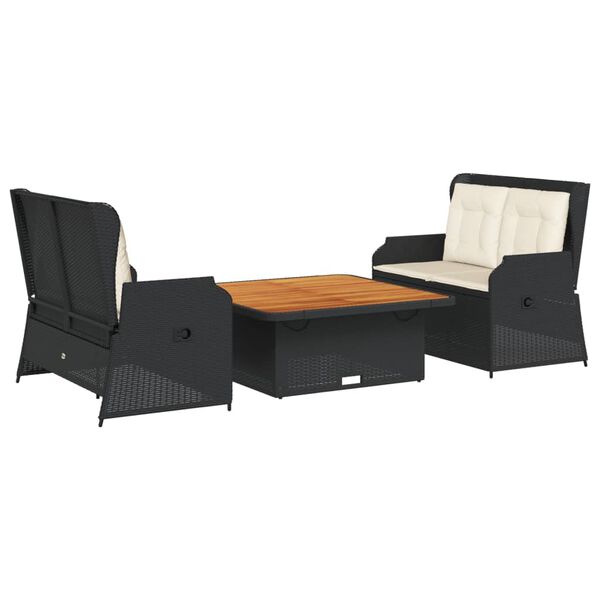 vidaXL 3-tlg. Garten-Lounge-Set mit Kissen Schwarz Poly Rattan