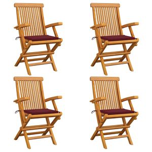 vidaXL Klappst&uuml;hle mit weinroten Kissen, 4 St&uuml;ck, Massivholz Teakholz