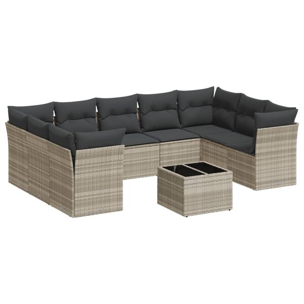 vidaXL 10-tlg. Garten-Sofagarnitur mit Kissen Hellgrau Poly Rattan