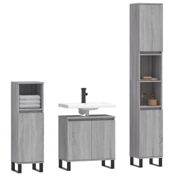 vidaXL 3-tlg. Badm&ouml;bel-Set Grau Sonoma Holzwerkstoff