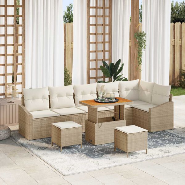 vidaXL Garten-Sofa-Set mit Kissen 9 pcs Beige Poly Rattan