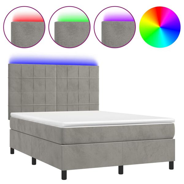 vidaXL Boxspringbett mit Matratze & LED Hellgrau 140x190 cm Samt