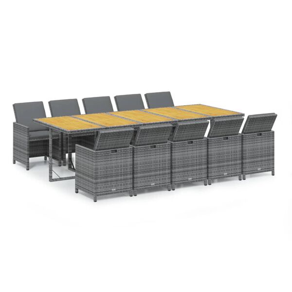 vidaXL 11-tlg. Garten-Essgruppe mit Auflagen Poly Rattan Grau