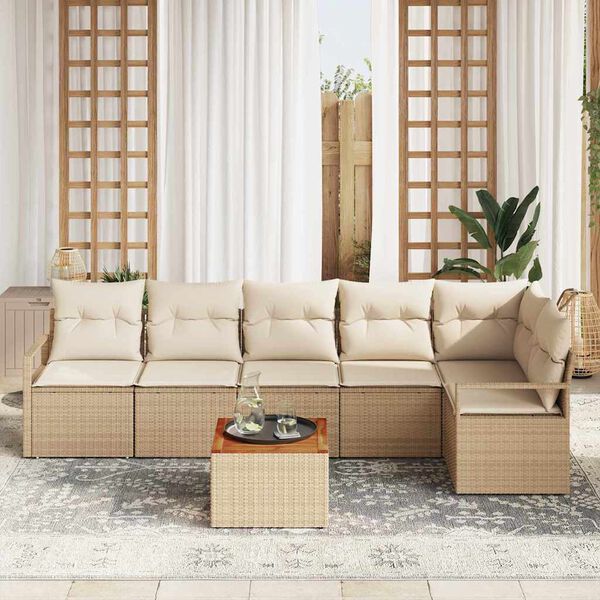 vidaXL Garten-Sofa-Set mit Kissen 7 pcs Beige Poly Rattan