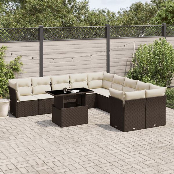 vidaXL 11-tlg. Garten-Sofagarnitur mit Kissen Braun Poly Rattan