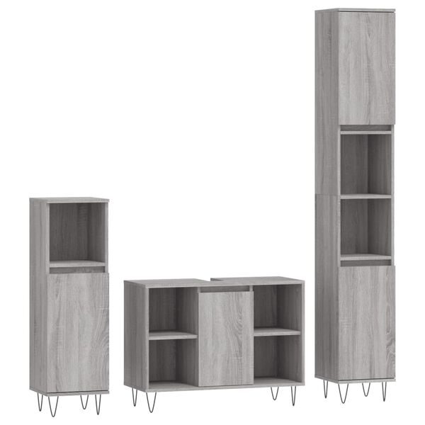 vidaXL 3-tlg. Badm&ouml;bel-Set Grau Sonoma Holzwerkstoff