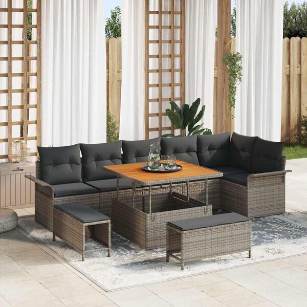vidaXL Garten-Sofa-Set mit Kissen mit Speicher mit Kissen 9 pcs Grau