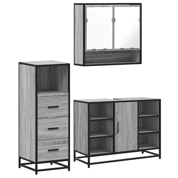 vidaXL 3-tlg. Badm&ouml;bel-Set Grau Sonoma Holzwerkstoff