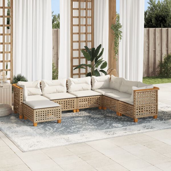 vidaXL 7-tlg. Garten-Sofagarnitur mit Kissen Beige Poly Rattan