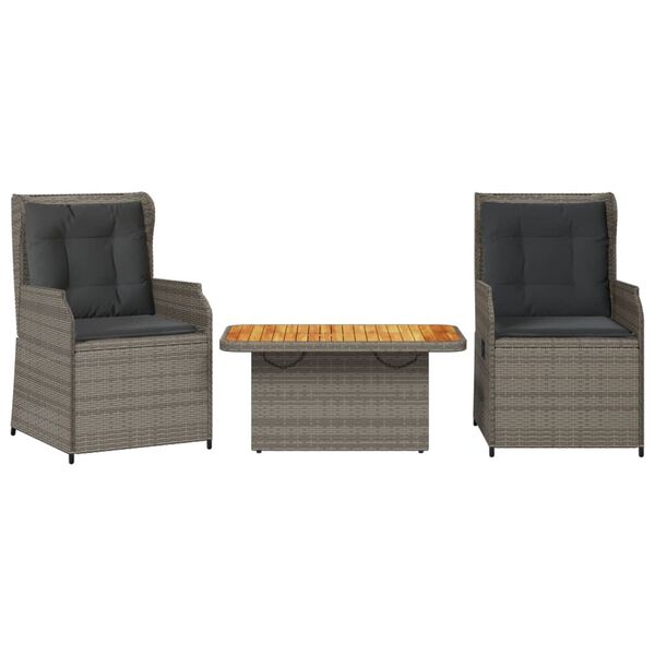 vidaXL 3-tlg. Garten-Lounge-Set mit Kissen Grau Poly Rattan