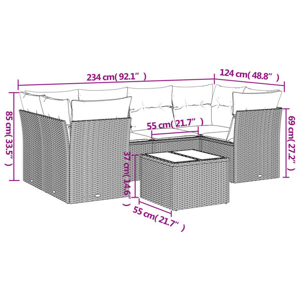 vidaXL 7-tlg. Garten-Sofagarnitur mit Kissen Grau Poly Rattan