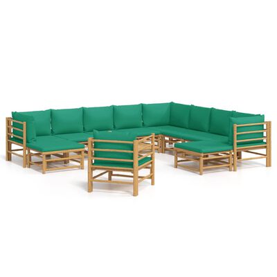 vidaXL 12-tlg. Garten-Lounge-Set mit Grünen Kissen Bambus