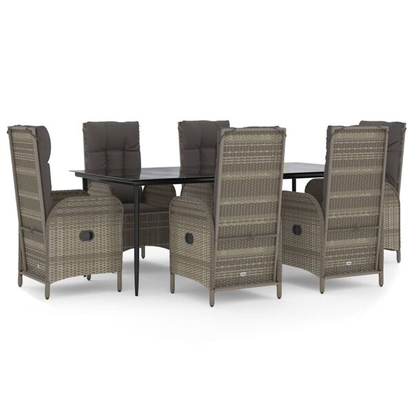 vidaXL 7-tlg. Garten-Essgruppe mit Kissen Schwarz und Grau Poly Rattan
