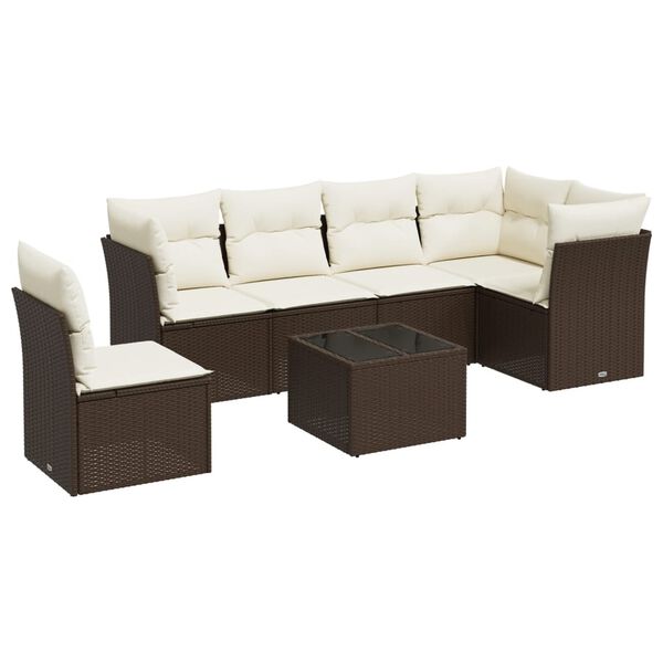 vidaXL 7-tlg. Garten-Sofagarnitur mit Kissen Braun Poly Rattan