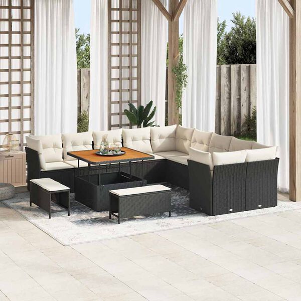 vidaXL Gartensofa-set mit Kissen 13 pcs Schwarz und Creme Poly-Rattan