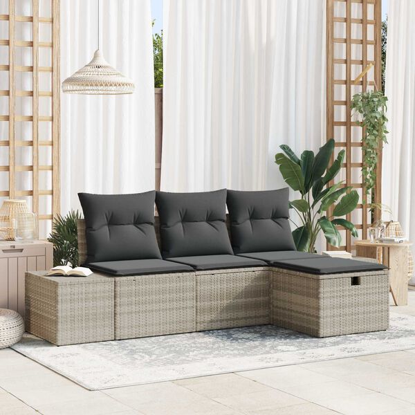 vidaXL Garten-Sofa-Set mit Kissen 4 pcs Hellgrau Poly Rattan