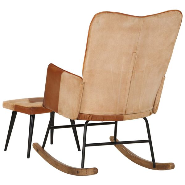 vidaXL Schaukelstuhl mit Fu&szlig;hocker Braun Echtleder und Canvas