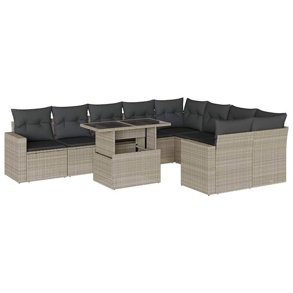vidaXL 10-tlg. Garten-Sofagarnitur mit Kissen Hellgrau Poly Rattan