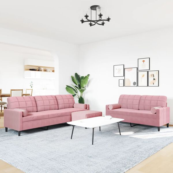 vidaXL 3-tlg. Sofagarnitur mit Kissen und Nackenrollen Rosa Samt
