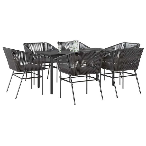 vidaXL 7-tlg. Garten-Essgruppe mit Kissen Schwarz Poly Rattan Glas