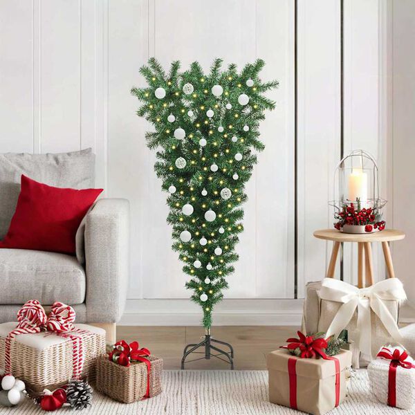vidaXL Umgedrehter Kunst Weihnachtsbaum mit Kugelset Gr&uuml;n 120 cm PVC
