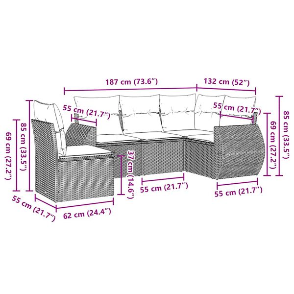 vidaXL 5-tlg. Garten-Sofagarnitur mit Kissen Schwarz Poly Rattan