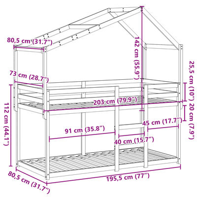 vidaXL Etagenbett mit Dach Wachsbraun 75x190 cm Massivholz Kiefer